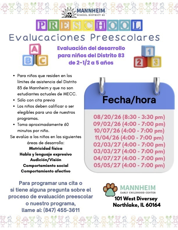 Folleto informativo sobre las Evaluaciones Preescolares del Distrito Escolar 83 de Mannheim. Las fechas y detalles completos se encuentran en el texto de la página.