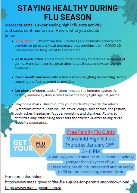 Information on staying healthy during flu season, get flu shot, wash hands often, cover mouth or nose when sneezing or coughing, get plenty of sleep and stay home if sick.