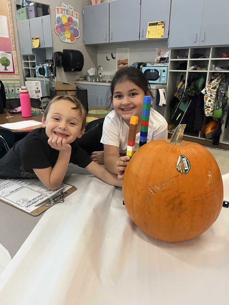 A boy and girl calculate the height of their pumpkins.