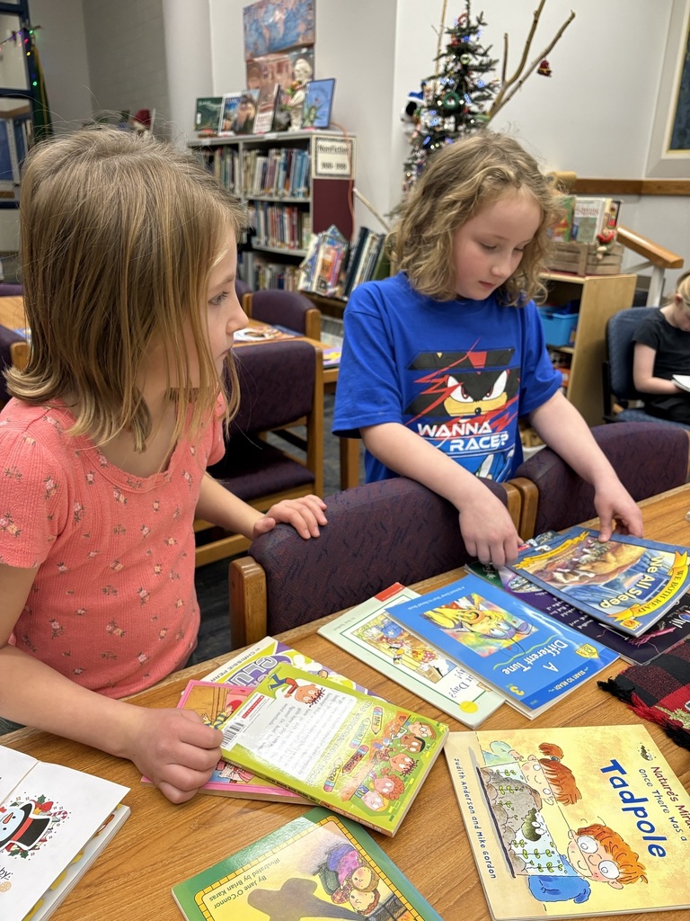 Two girls look through a collection of books.
