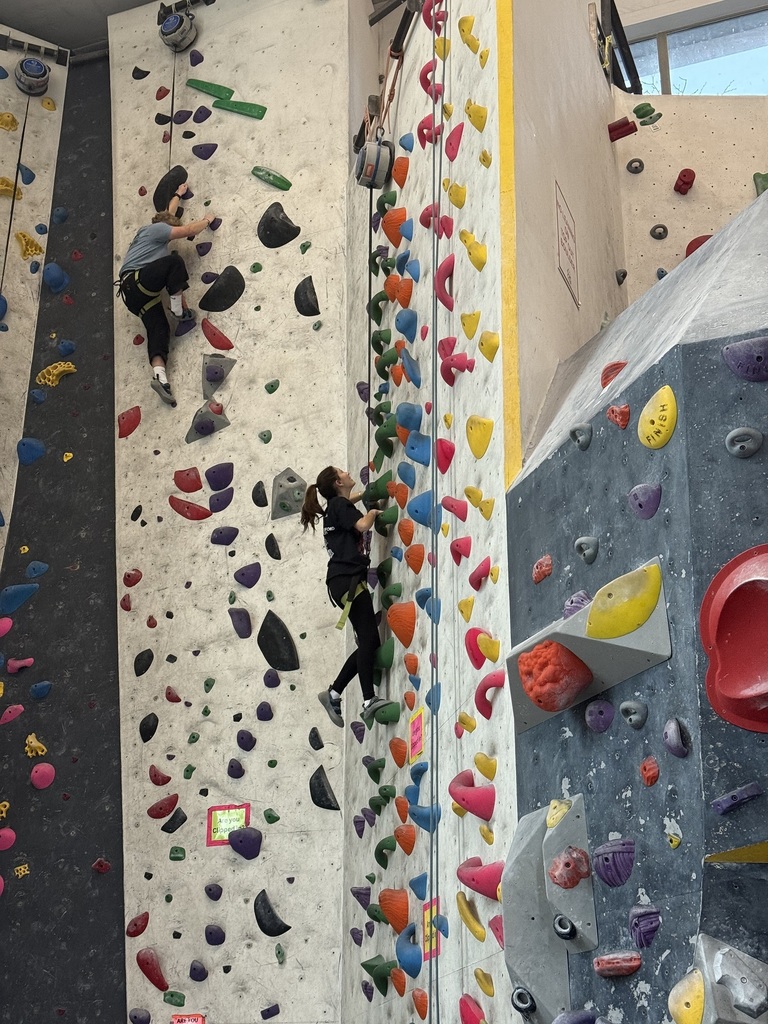A boy and girl scale a climbing wall.