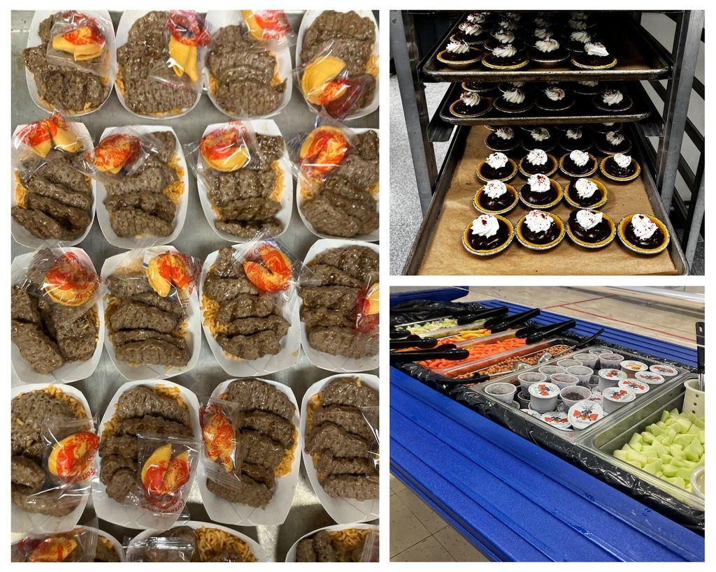 Collage of photos showing, teriyaki dippers (left), chocolate cream pies (top right), and the fruit & veggie bar (bottom right).