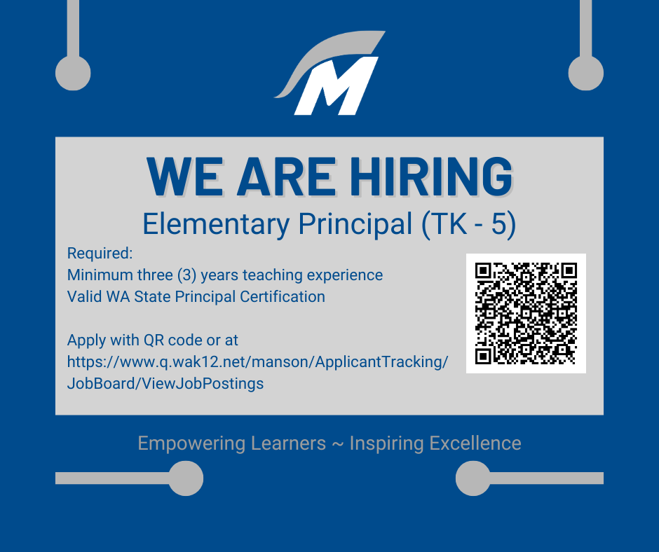 Blue & grey job posting for Manson elementary principal