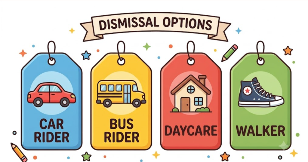 An illustrative infographic showing four school dismissal options as colorful hanging tags against a white background. A banner across the top reads "DISMISSAL OPTIONS." From left to right, the tags are: blue with a red car icon and text "CAR RIDER"; yellow with a yellow school bus icon and text "BUS RIDER"; red with a house icon and text "DAYCARE"; green with a blue high-top sneaker icon and text "WALKER." Scattered colorful stars, dots, and two pencils decorate the background.