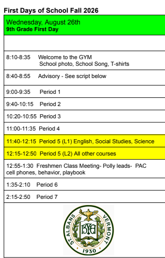 9th grade first day schedule