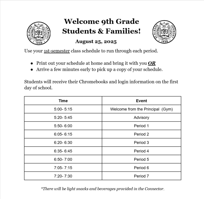 2025 9th Grade Orientation Schedule
