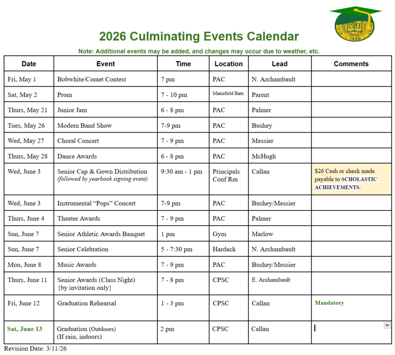 2026 Culminating Events Calendar
