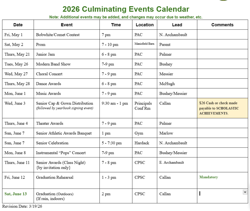 2026 Culminating Events Calendar