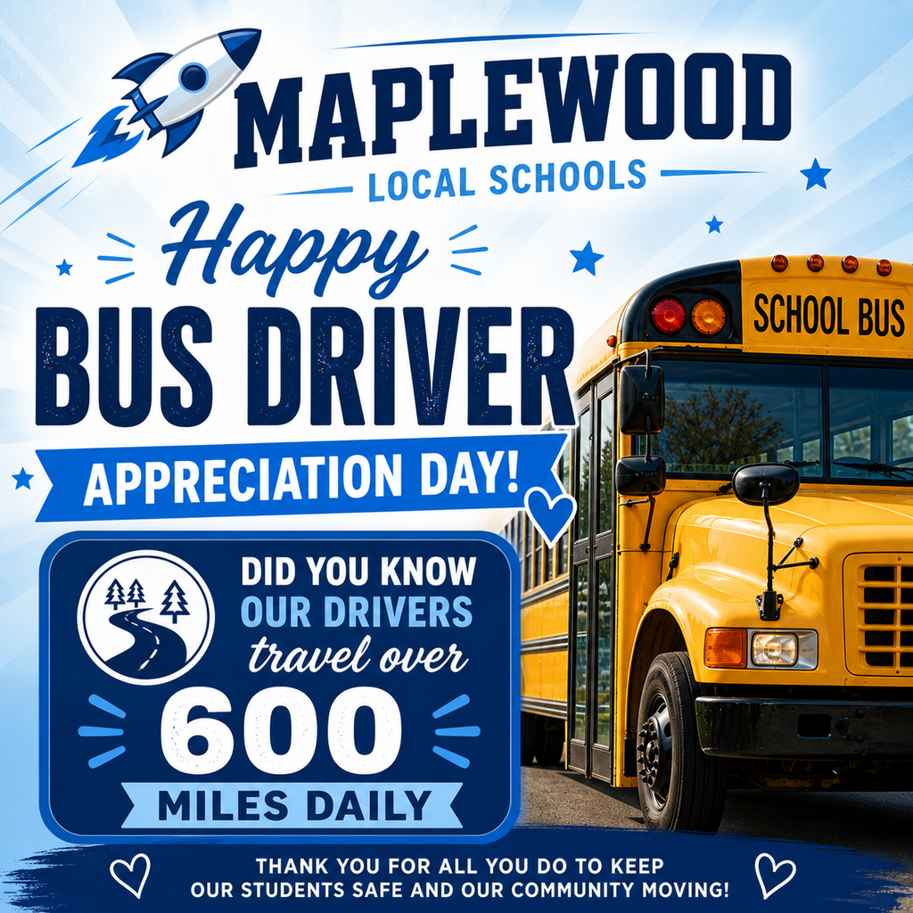 🚍💙 Happy Bus Driver Appreciation Day, Maplewood Local Schools!  Did you know our incredible drivers travel over 600 miles every single day to safely transport our students? That’s dedication you can count on!  Thank you for going the extra mile—literally—to keep our students safe and our community moving. We appreciate you! 💙🚀