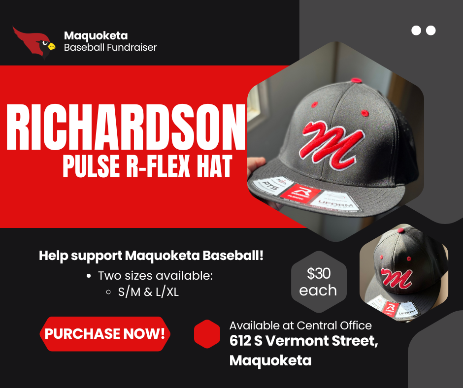 Maquoketa Baseball hats being sold as a fundraiser for $30 each, two sizes available.