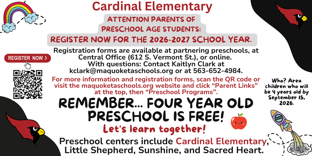 Announcement for parents of preschool-age students regarding registration for the 2026-27 school year. It states that registration forms are available at partnering preschools, Central Office, or online. Contact information for Kaitlyn Clark is provided for questions, along with a note that four-year-old preschool is free. The announcement also lists participating preschool centers and eligibility is for children who will be four years old by September 15,