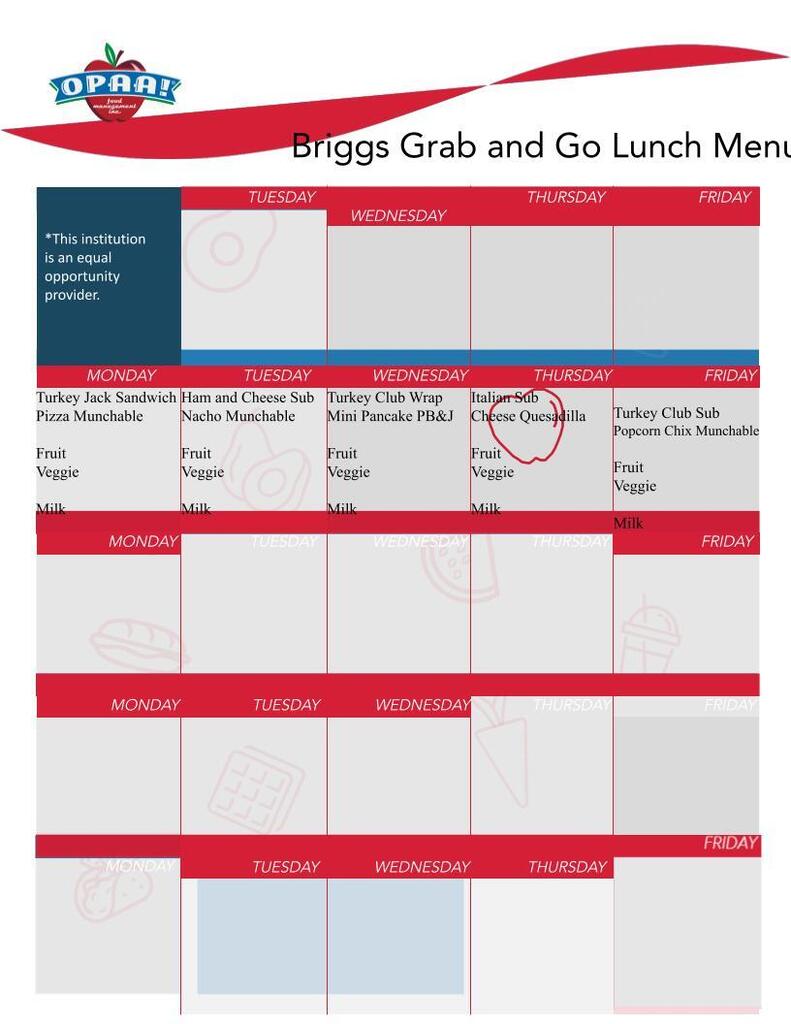 Briggs Grab & Go Lunch Menu