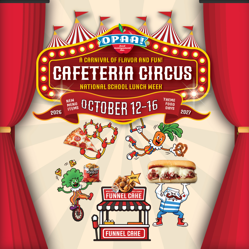 A poster for National School Lunch Week, themed "Cafeteria Circus: A Carnival of Flavor and Fun," featuring a red circus tent backdrop, cartoon food characters riding a unicycle and juggling, and text announcing the dates October 12–16.