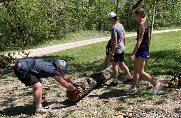 MdCV students roll large logs out of yard to the ditch for cleanup.