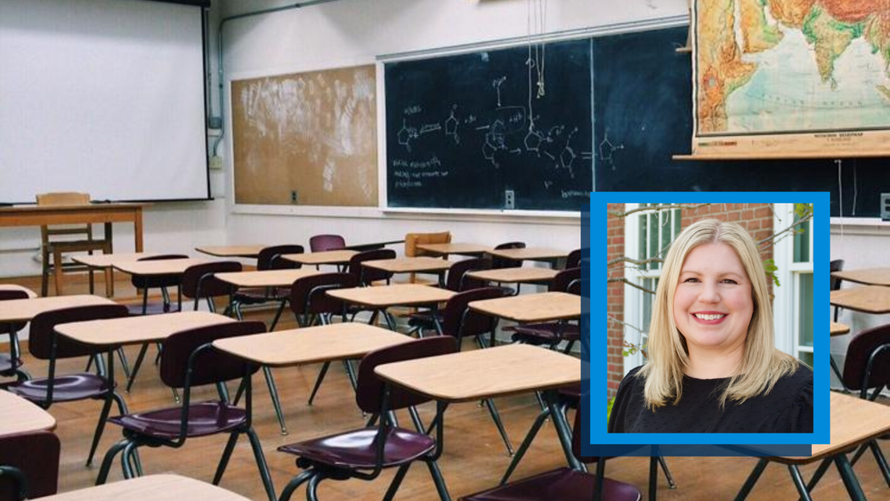 Picture of a classroom. Headshot of Leslie Dilley, Head of the Lower Division at Marburn Academy is placed on top of the image.