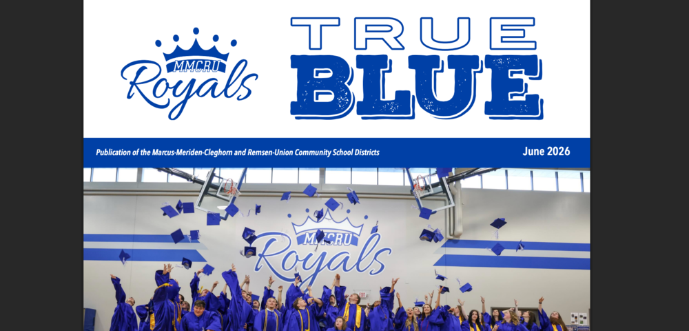 MMCRU Royals True Blue publication of the marcus meriden cleghorn and remsen union community school districts june 2026, image of students tossing caps for graduation