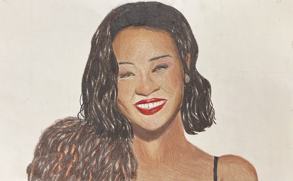 A colored pencil portrait of a smiling woman with short dark hair and bright red lipstick.