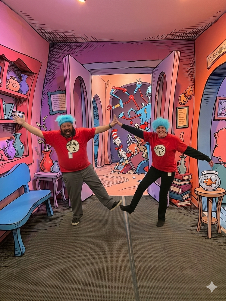 Pricipal nad vice principal dressed up as thing one and thing two from Dr.Sues