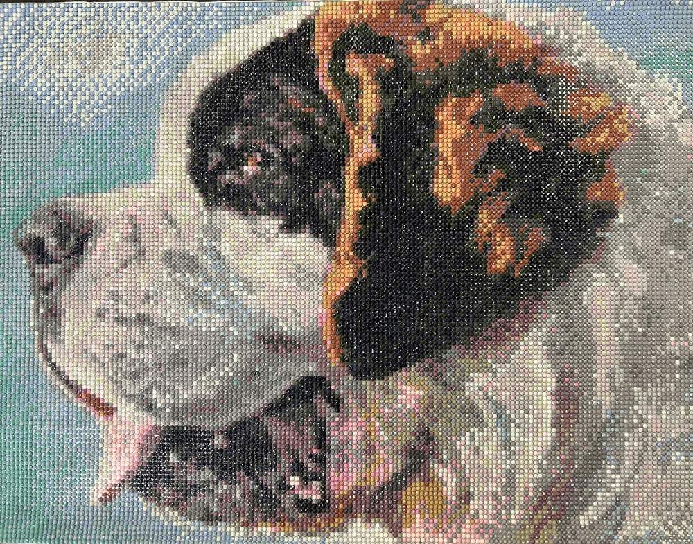 A detailed bead art image of a brown-and-white dog with a pink tongue against a colorful background.