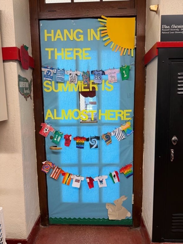 Classroom door decorated for contest with flags