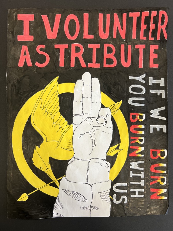 Mockingjay Tribute Poster: A painted poster inspired by The Hunger Games featuring the Mockingjay symbol and bold protest text.