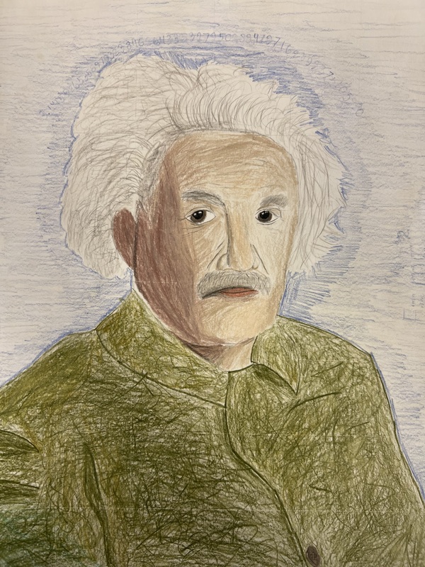 Albert Einstein Portrait: A colored pencil portrait of Albert Einstein with his iconic white hair and a background of math symbols.