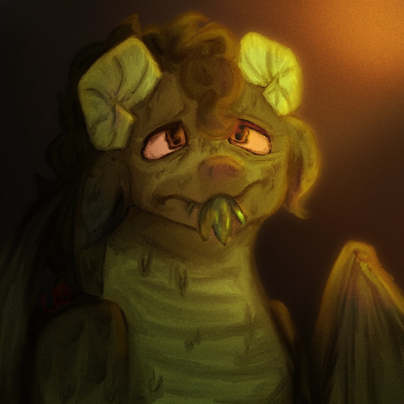 A dark fantasy creature illustration with glowing eyes and warm lighting.
