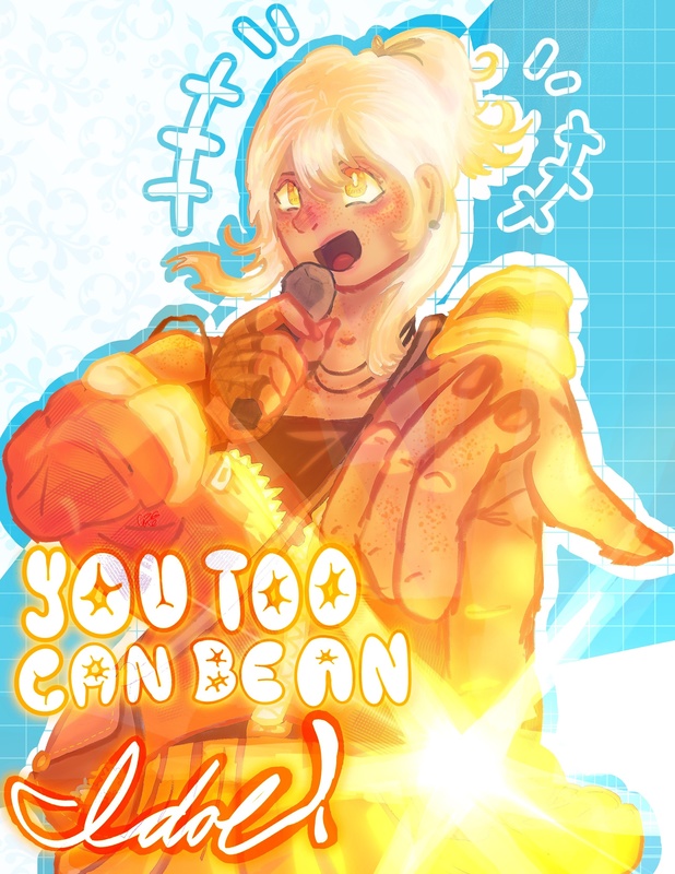 A bright anime-style digital illustration of a singer holding a microphone.