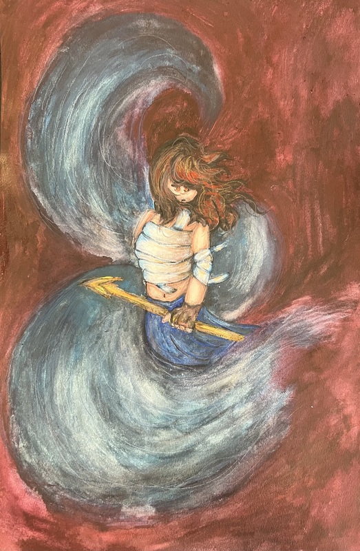 A fantasy drawing of a girl with a golden spear surrounded by swirling waves.