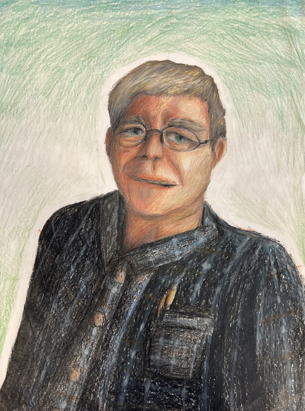 A colored pencil portrait of a smiling person wearing glasses and a dark shirt.