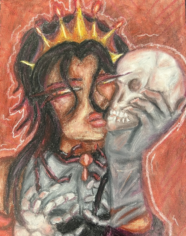 A surreal painting of a crowned figure holding a skull with skeletal hands.