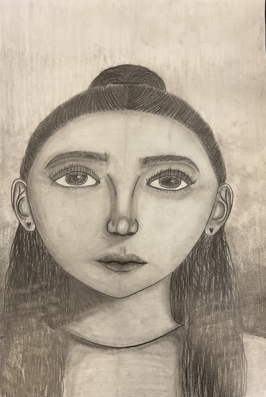 A graphite portrait drawing of a girl with large eyes, long hair, and heart-shaped earrings.