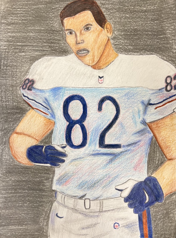 A colored pencil drawing of a football player wearing a white jersey with the number 82.