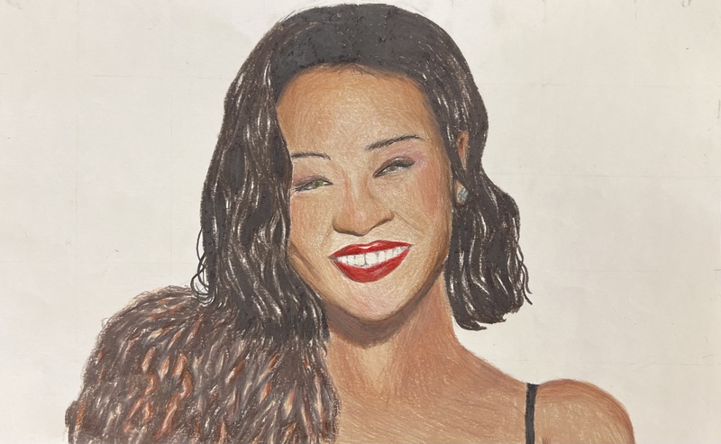 A colored pencil portrait of a smiling woman with short dark hair and bright red lipstick.