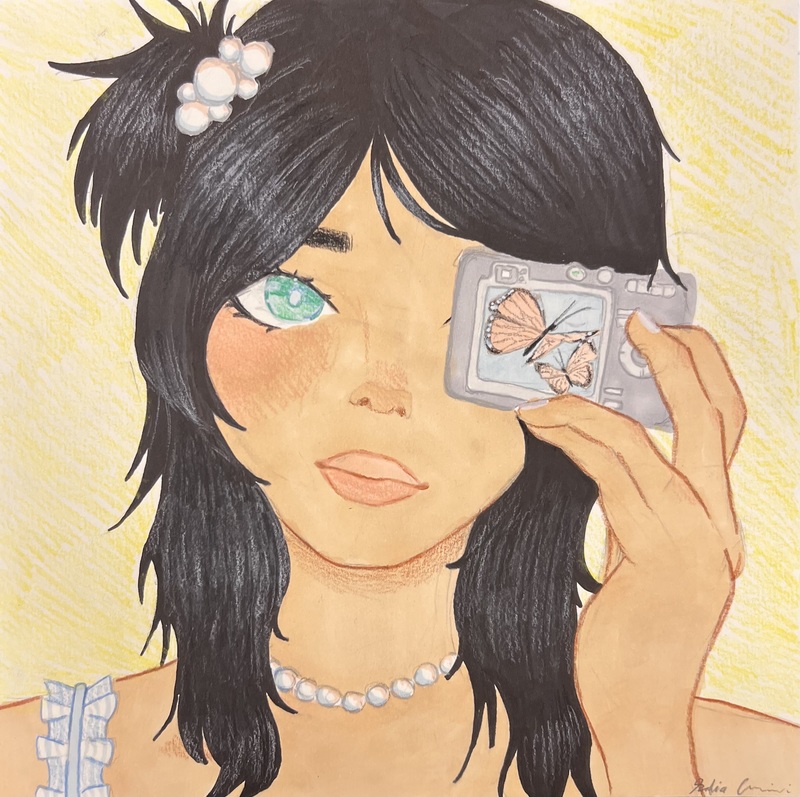 An anime-style drawing of a girl holding a camera with butterflies reflected in the lens.
