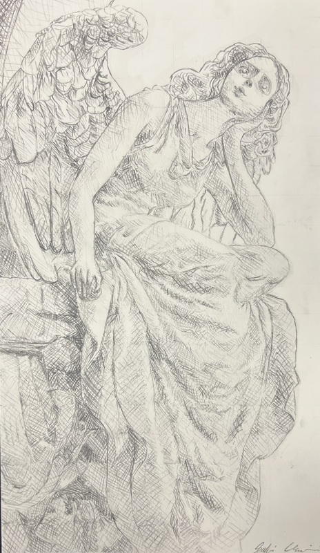 A detailed graphite sketch of a classical statue with flowing fabric and dramatic shading.