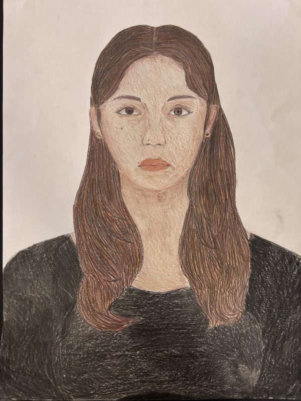 A colored pencil portrait of a woman with long brown hair wearing a black shirt.