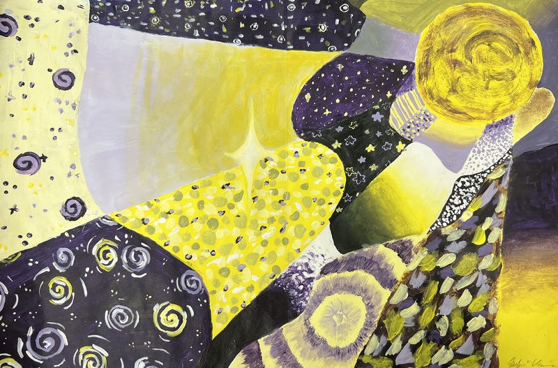 An abstract painting with swirling yellow, purple, and black patterns inspired by space and stars.