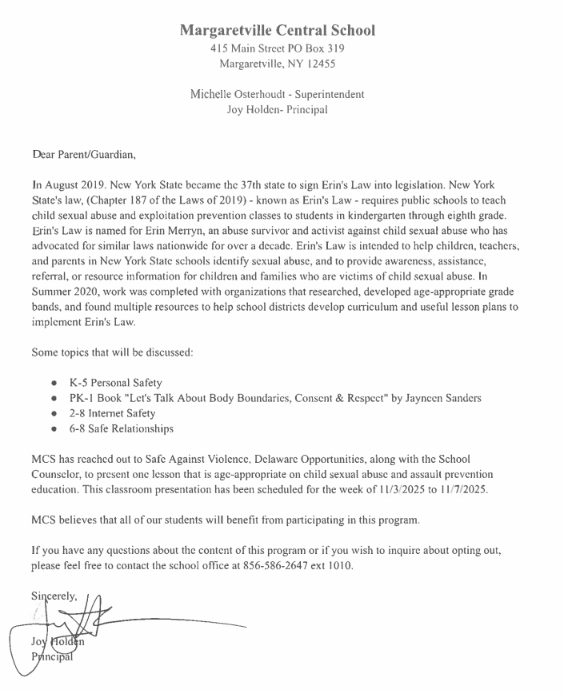 Erin's Law letter - English