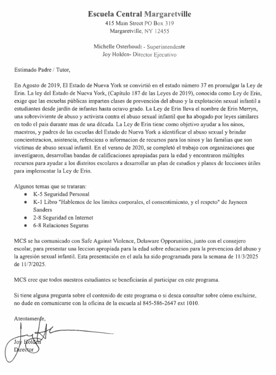 Erin's Law letter - Spanish