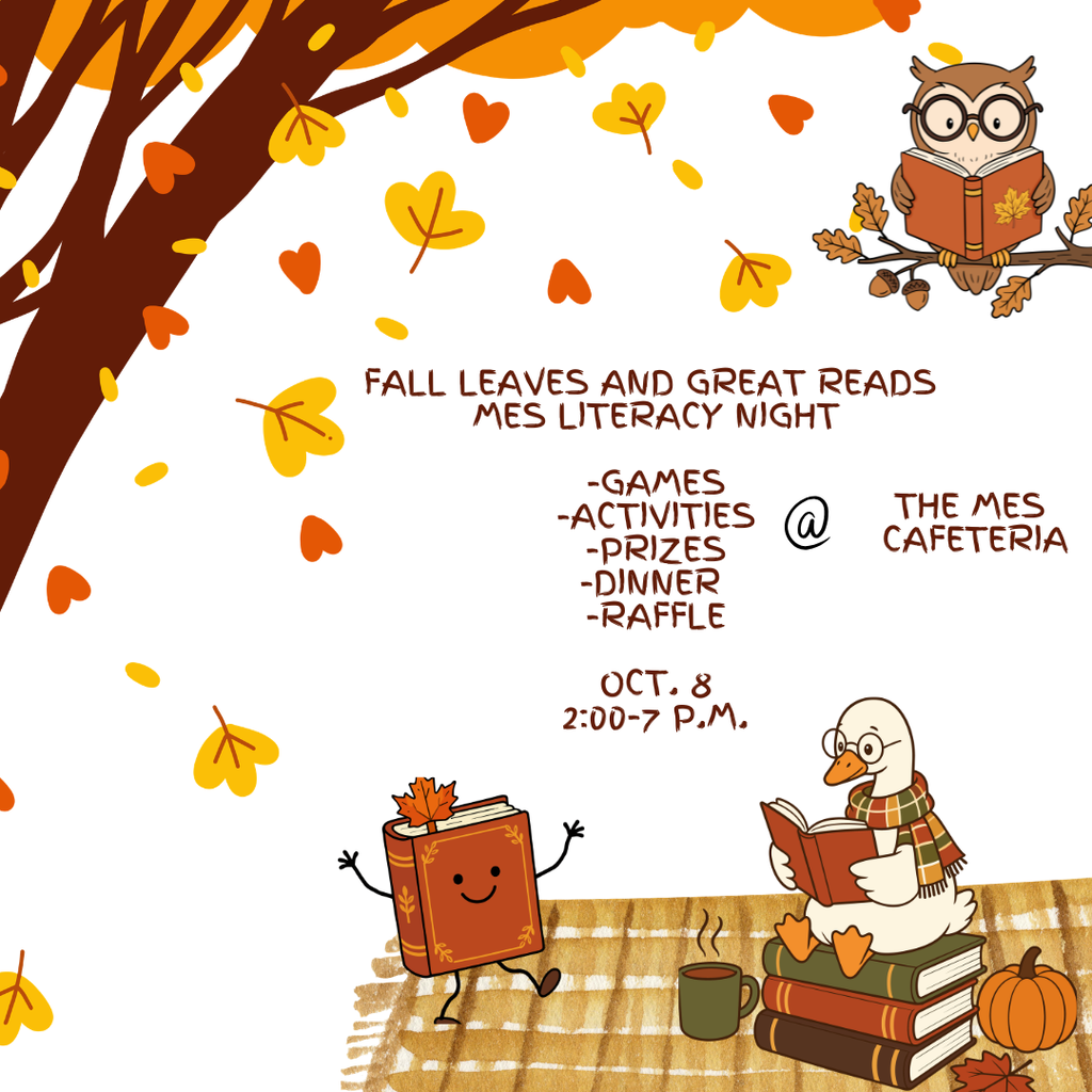 Illustration of a tree with falling leaves and autumnal decorations. Text "Fall Leaves and Great Reads Mes Literacy Night" above a list of events.