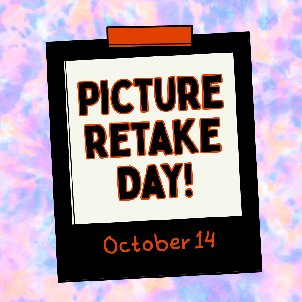 A bulletin board displays a sign with red text. The sign reads "PICTURE RETAKE DAY!" and specifies October 14.