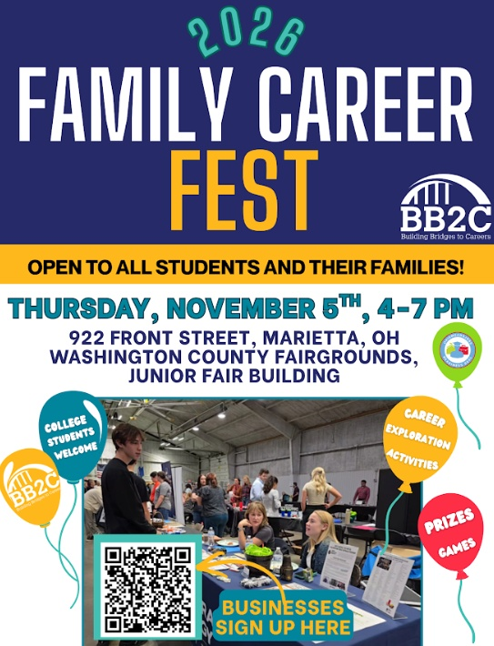 Event flyer for the 2026 Family Career Fest. Shows people at booths, a QR code, balloons, and a building.