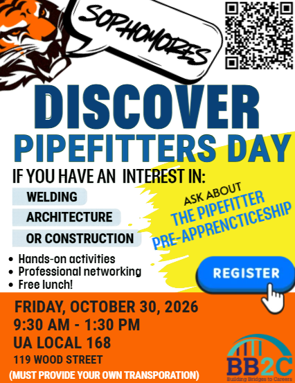 Advertisement for Discover Pipefitters Day on Friday, October 30, 2026, 9:30 AM to 1:30 PM at UA Local 168.