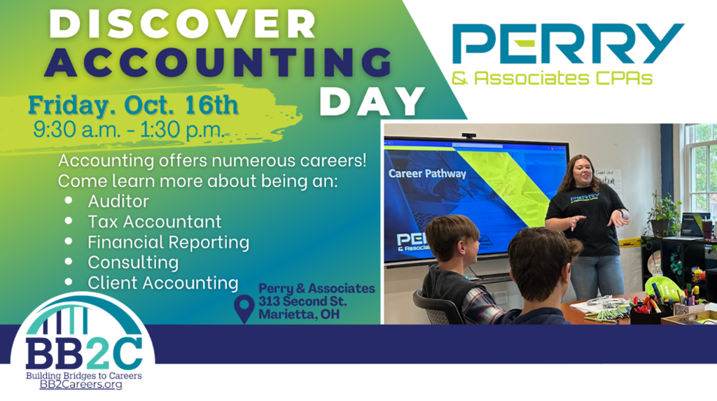 Poster advertising an accounting event on October 16th. A woman stands at a monitor. Three people sit at a table.