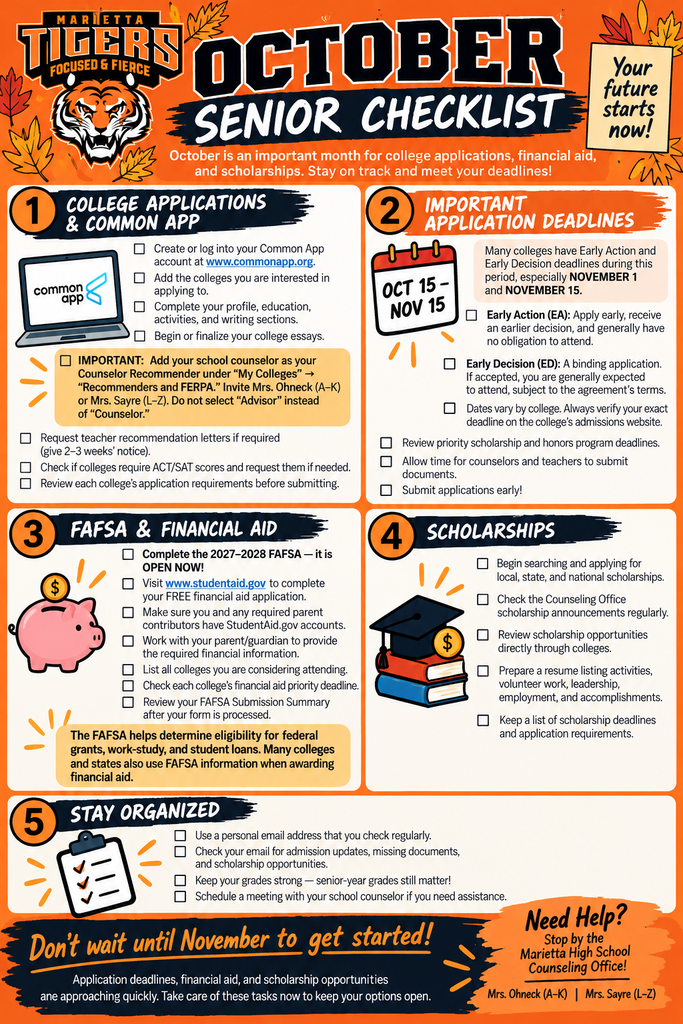 A checklist for college seniors. It includes "College Applications", "FAFSA & Financial Aid", "Scholarships", and "Stay Organized".
