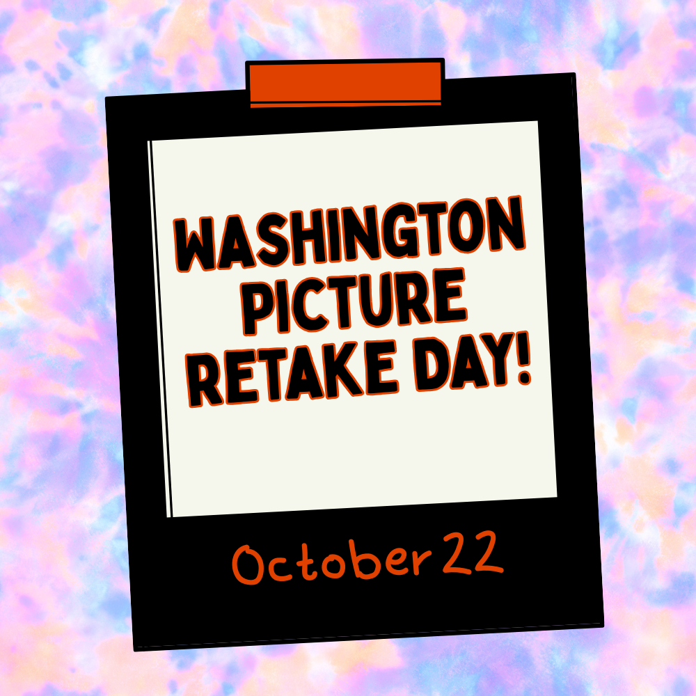 Text on black background. "Washington Picture Retake Day!" in red, "October 22" in orange. Background is pink, blue, purple, and yellow.