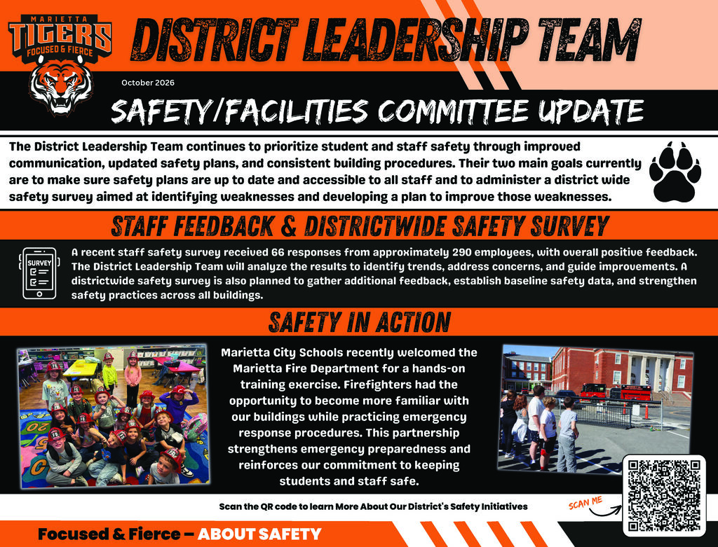 Poster showing "District Leadership Team Safety/Facilities Committee Update". Text and images of people in fire gear.