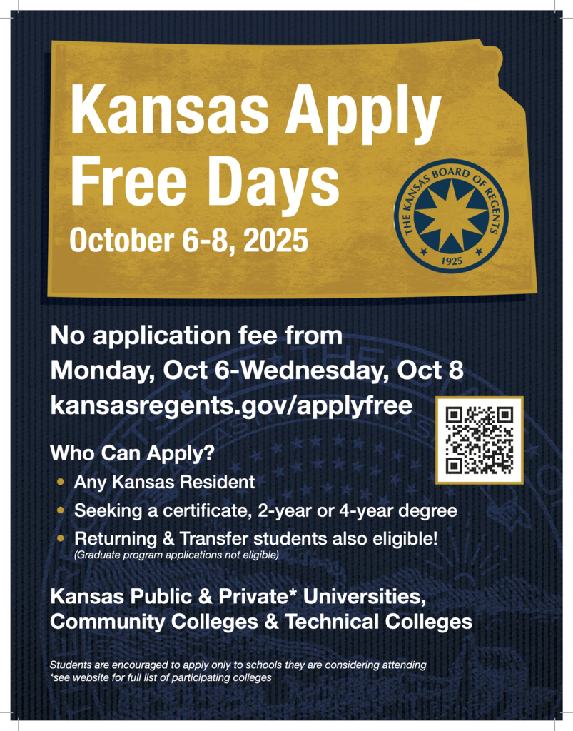 Kansas Apply Free Days Flyer. October 6th-8th. See kansasregents.gov/applyfree for more detials