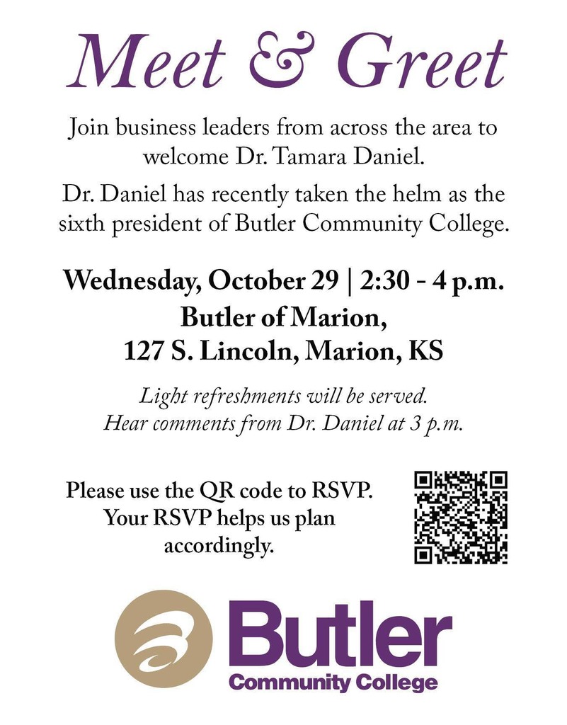 Butler CC Meet and Greet featuring Dr. Daniel. Hosted at BCC of Marion from 2:30 to 4:00 on October 29th. 